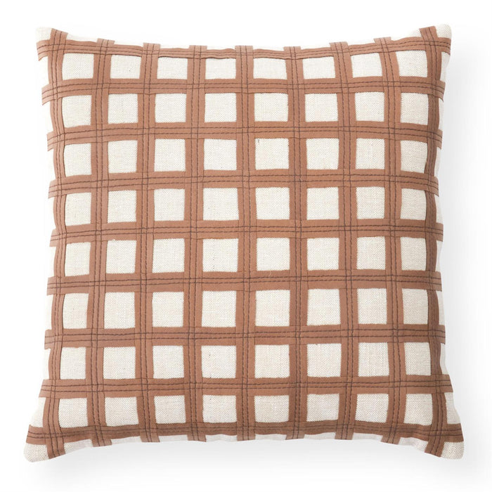 20" Tan Vegan Leather Grid Throw Pillow | Modern Cotton & Jute Accent Pillow
