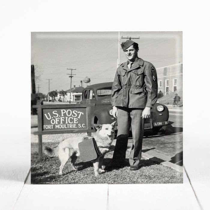 263rd Coastal Artillery Soldier with Mail Dog at Fort Moultrie, Charleston cir. 1943