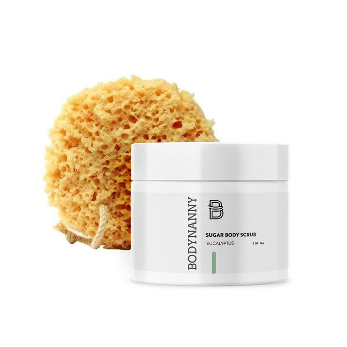 Bodynanny sugar body scrub with a natural sponge on a white background