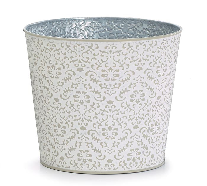 Embossed Tin Gray & White Flower Pot 6"