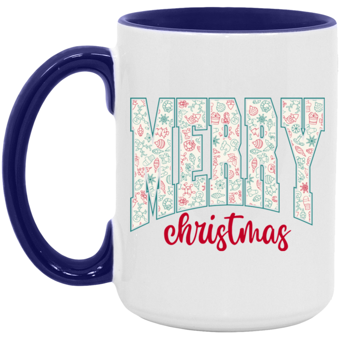 Merry Christmas University 15 oz ceramic coffee mug in White/Midnight Blue