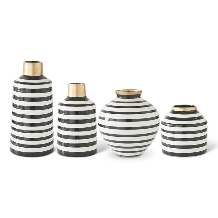 Modern Black & White Striped Ceramic Vase with Gold Rim | Decorative Accent Vase