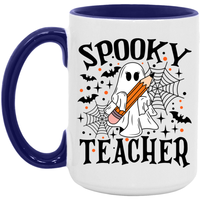 Spooky Teacher 15 oz ceramic coffee mug in White/Midnight Blue