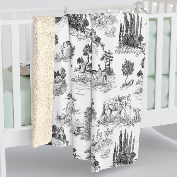 Toile de Jouy Black Fleece Lined Blanket