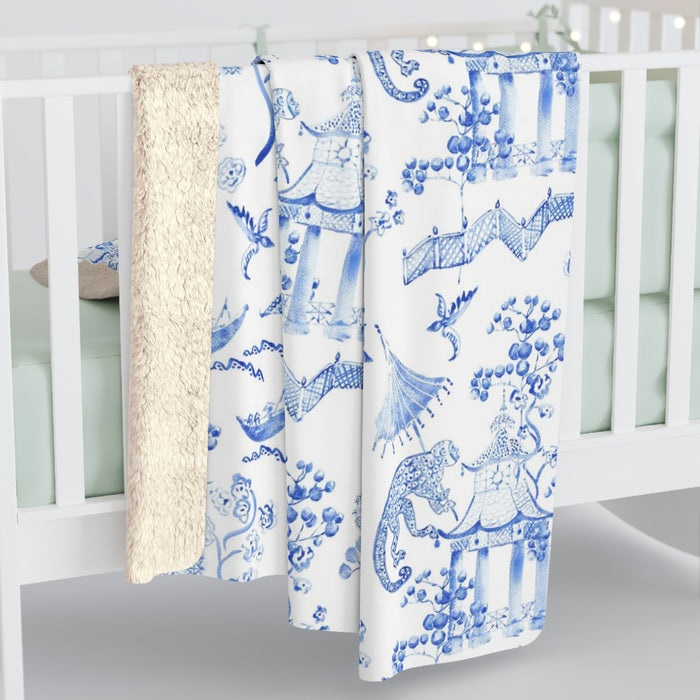 Toile de Jouy Blue Monkey Fleece Lined Blanket