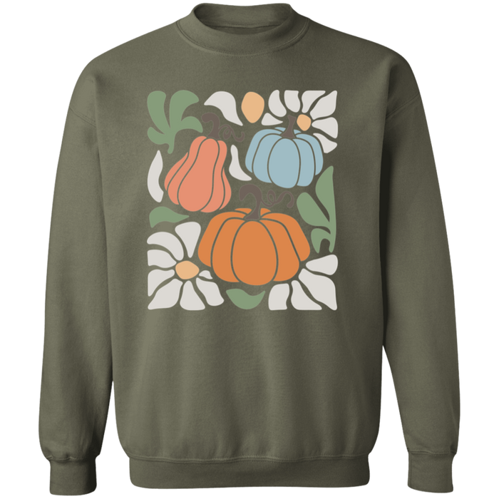 70s Flower Pumpkin Fall crewneck sweatshirt in Military Green