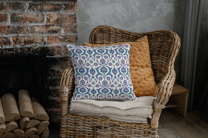 Antalya Ottoman Outdoor Pillows Violet Blue Red & Ivory