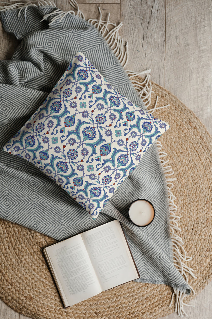 Antalya Ottoman Outdoor Pillows Violet Blue Red & Ivory