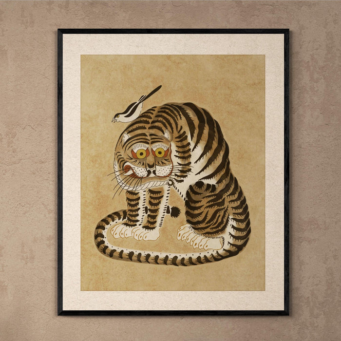 Awkward Korean Minhwa Tiger and Magpie | Kawai Cute Asian Folk Art Mythology | Vintage Fine Art Framed Print