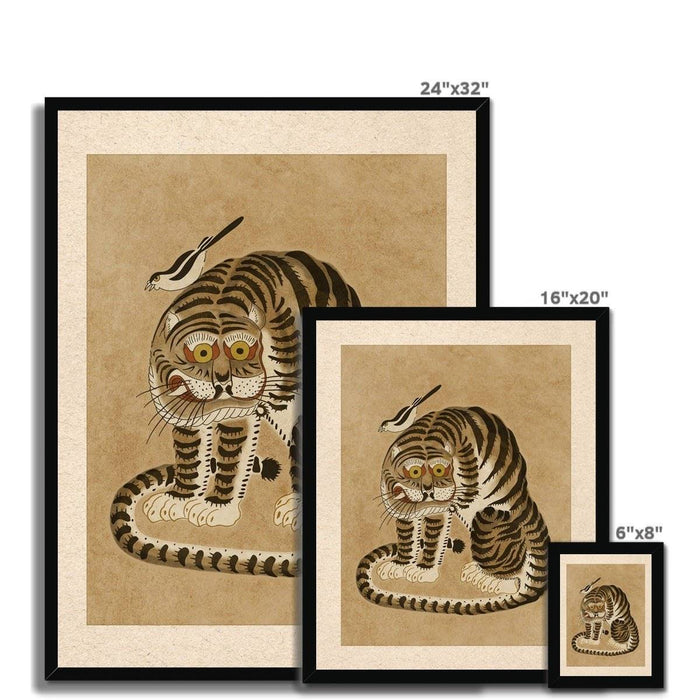 Awkward Korean Minhwa Tiger and Magpie | Kawai Cute Asian Folk Art Mythology | Vintage Fine Art Framed Print