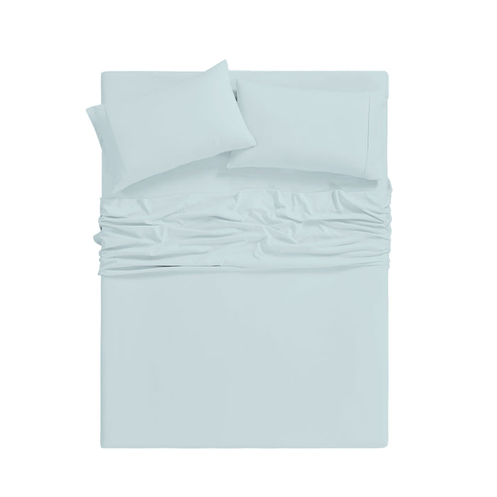 Light blue bedding set with pillow on a white background