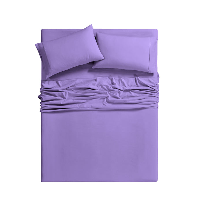 Purple bedding set with fitted sheet and two pillows on a white background