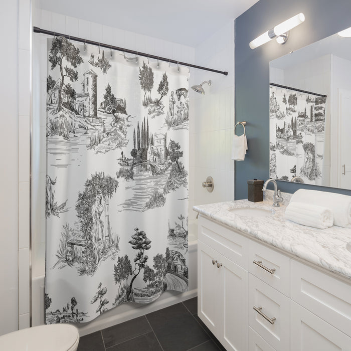 Black Toile de Jouy Shower Curtain