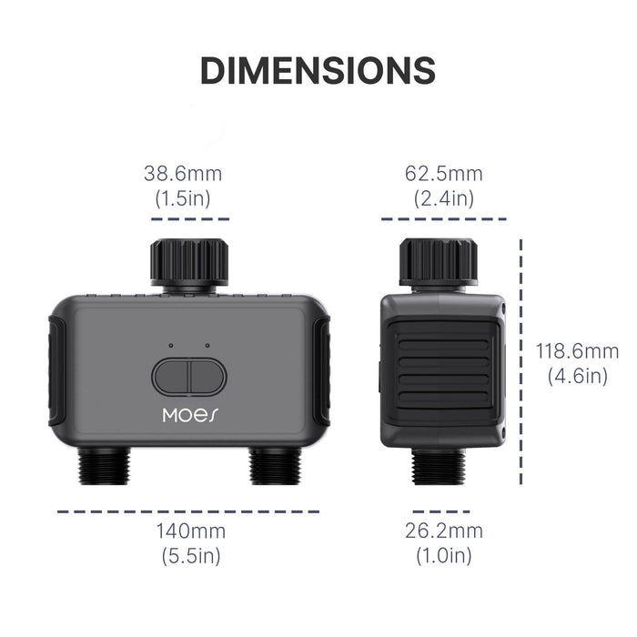 Bluetooth Smart Sprinkler Water Timer with 2 Outlet dimensions - MOES