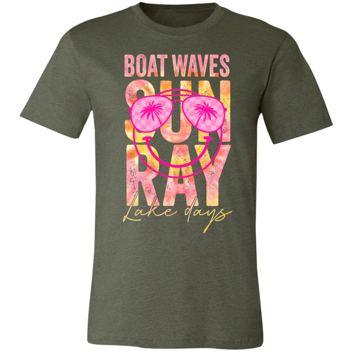 Boat Waves Sun Ray Lake Days graphic t-shirt in Heather Military Green