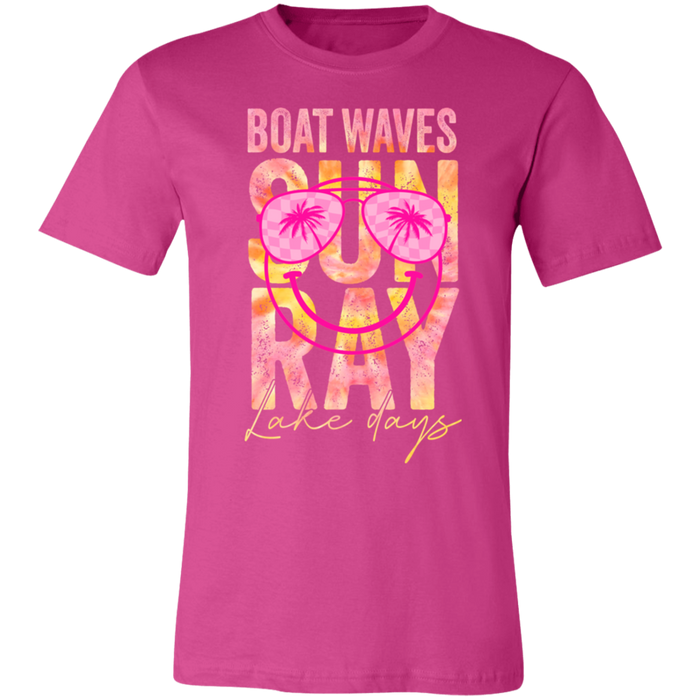 Boat Waves Sun Ray Lake Days graphic t-shirt in Berry