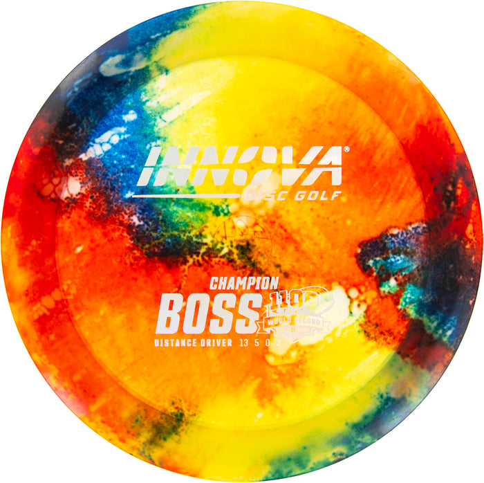 Innova Disc Golf Canada Champion I-Dye Boss Distance Driver INNOVA DISC GOLF CANADA	Boss
Distance Driver	Grippy feel	Good durability	Flexible in cooler conditions	Great for distance and control	Maintains stability over time	Comfortable for grip