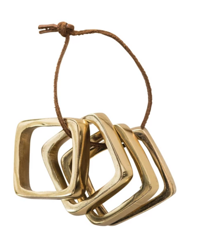 Brass Finish Napkin Rings on Leather Tie, Set of 4