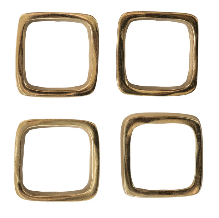Brass Finish Napkin Rings on Leather Tie, Set of 4