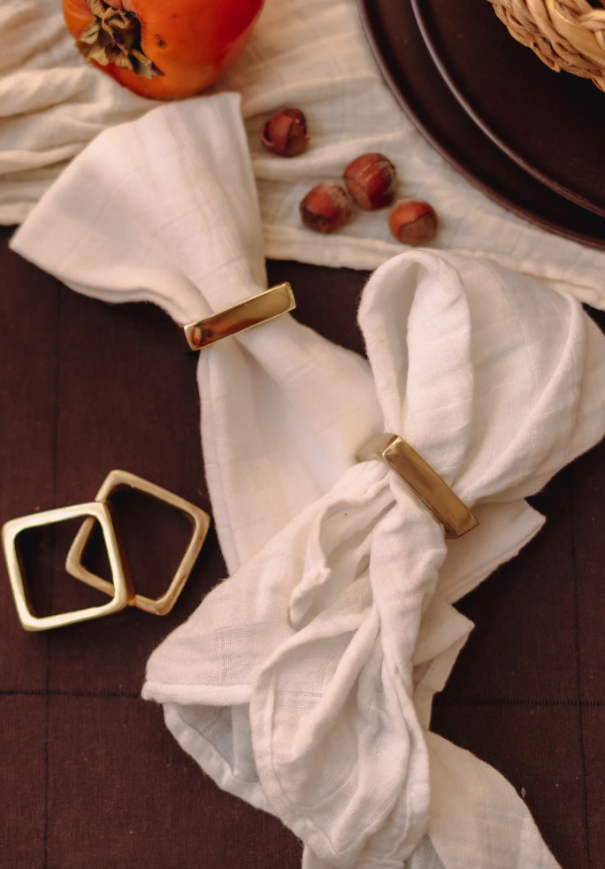 Brass Finish Napkin Rings on Leather Tie, Set of 4