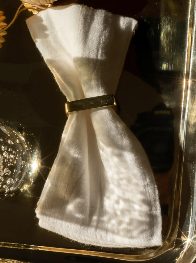 Brass Finish Napkin Rings on Leather Tie, Set of 4