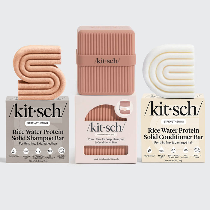 KITSCH Build Your Own FREE Travel Case Bundle — flat lay showing Rice Water shampoo and conditioner bars with terracotta travel case — eco-friendly solid bars eliminate plastic bottles — perfect TSA-approved travel hair care set