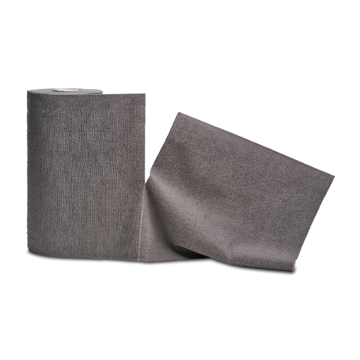 Roll and folded piece of gray textured fabric on a white background