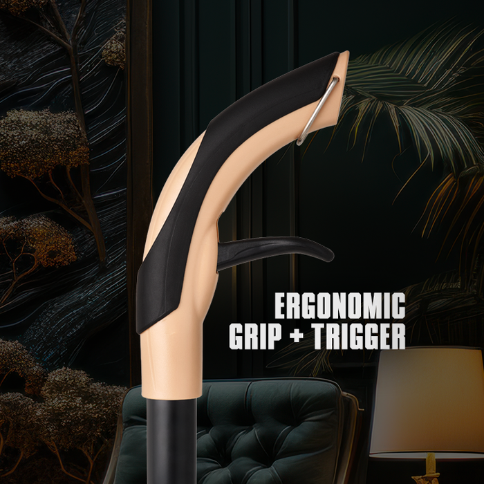 Fishing rod handle with ergonomic grip and trigger on a dark background