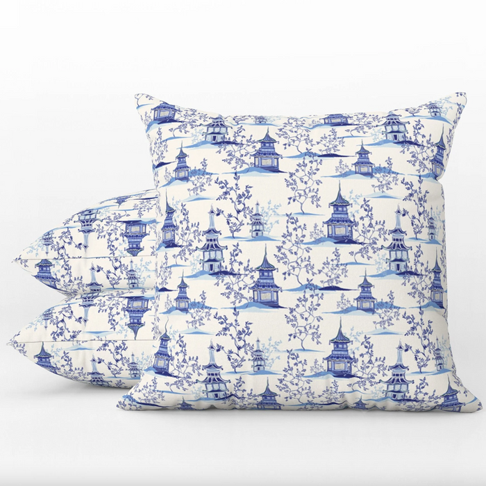 Chinoiserie Outdoor Pillows Pagoda Garden Blue & Cream