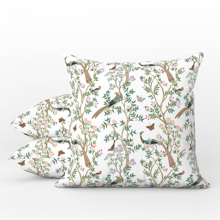 Chinoiserie Outdoor Pillows White Butterfly Bird Garden