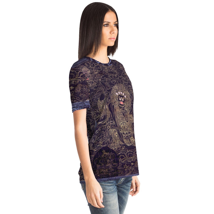 Cobalt and Gold Mahakala | Fierce Tibetan Nepal Mahayana Dharma Protector Thangka | Tantric Tantra All-Over-Print T-Shirt