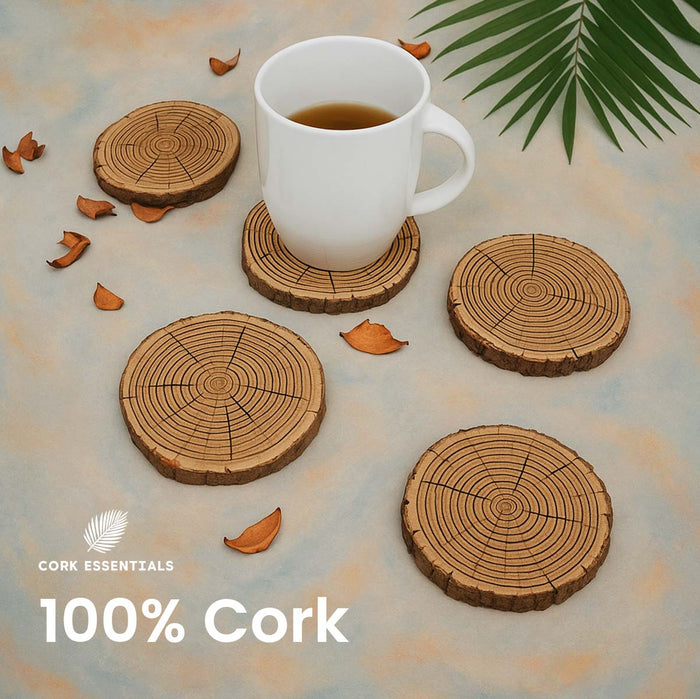 Set of wooden coasters with a cup of coffee on a neutral background, featuring the brand 'Cork Essentials'.