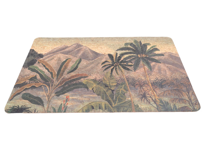 Rectangular mat with a tropical design featuring palm trees and mountains on a beige background.