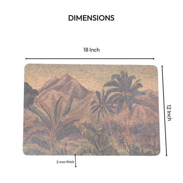 Measurement chart for a decorative mat with palm tree design, showing dimensions and thickness.
