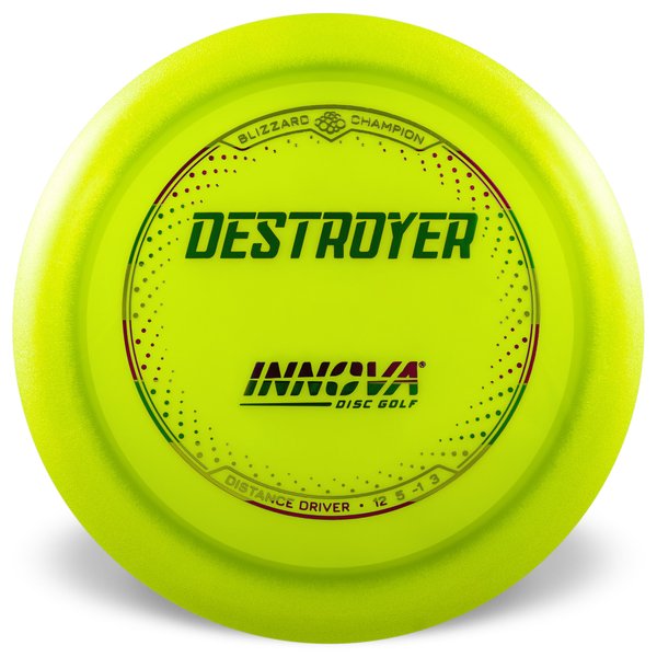 INNOVA DISC GOLF CANADA	Destroyer
Distance Driver	Slick Finish	Versatile Colors	Good Durability	Overstable	Impact Resistant	Improved Glide Flexible in cooler conditions	Great for distance and control	Maintains stability over time	Comfortable for grip lightweight