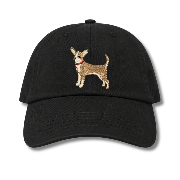 Fawn and White Chihuahua Embroidered Black Baseball Cap
