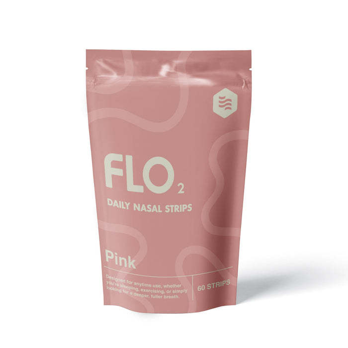 Pink package of FLO2 daily nasal strips on a white background