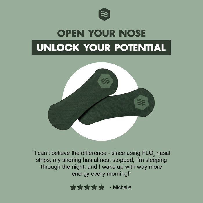 Advertisement for FLO nasal strips with text on a green background