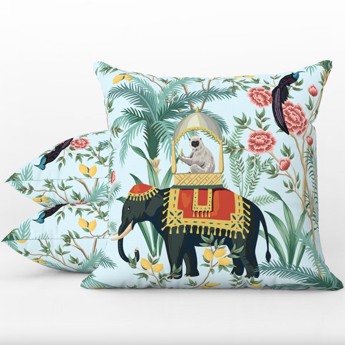 Jaipur Outdoor Pillows Chinoiserie Blue Monkey Elephant