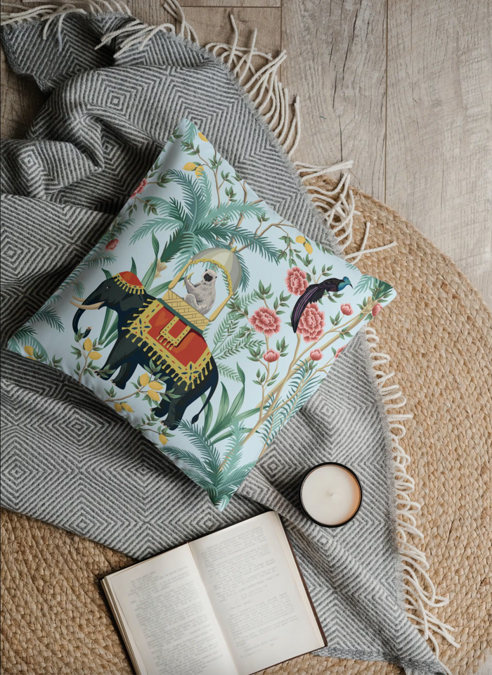 Jaipur Outdoor Pillows Chinoiserie Blue Monkey Elephant