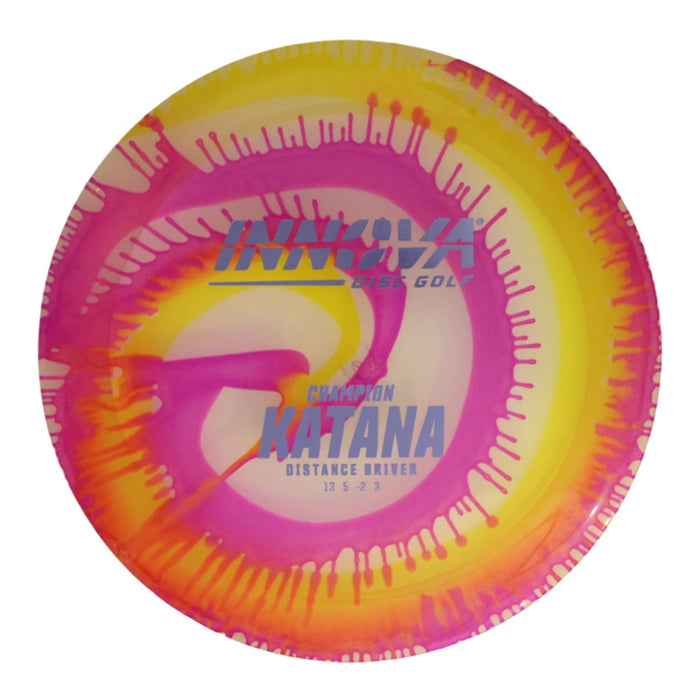 Innova Disc Golf Canada Champion I-Dye Katana Distance Driver Distance Driver Distance Driver	Firm grip	High durability	Stable flight path		Resistant to scratches	Ideal for advanced players Flexible in cooler conditions	Great for distance and control	Maintains stability over time	Comfortable for grip