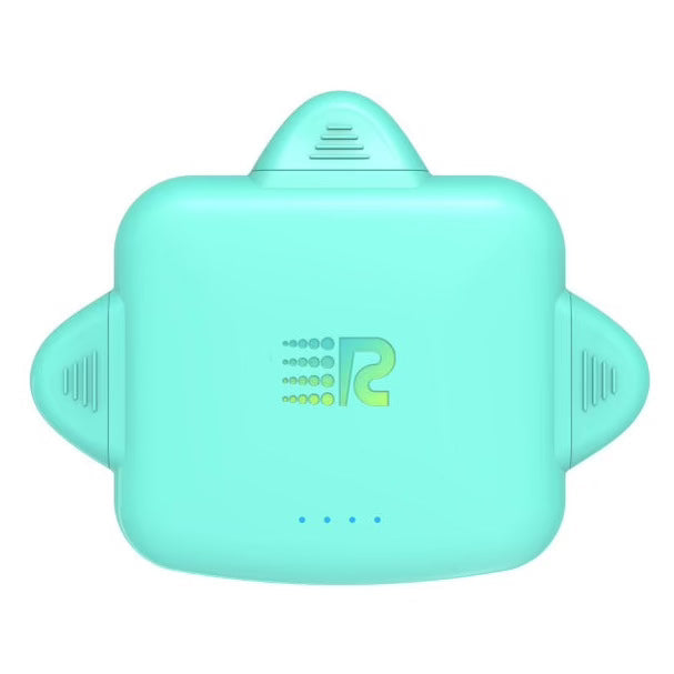 Turquoise electronic device with a logo on a white background