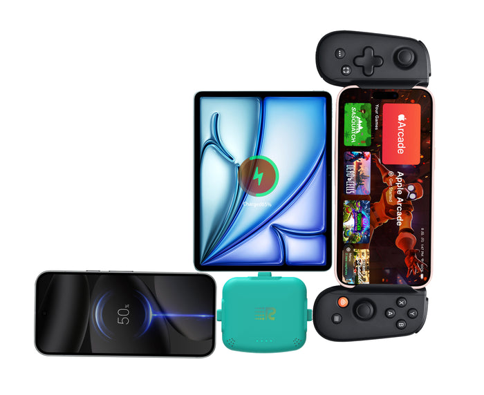 Collection of electronic devices including smartphones and gaming controllers on a white background