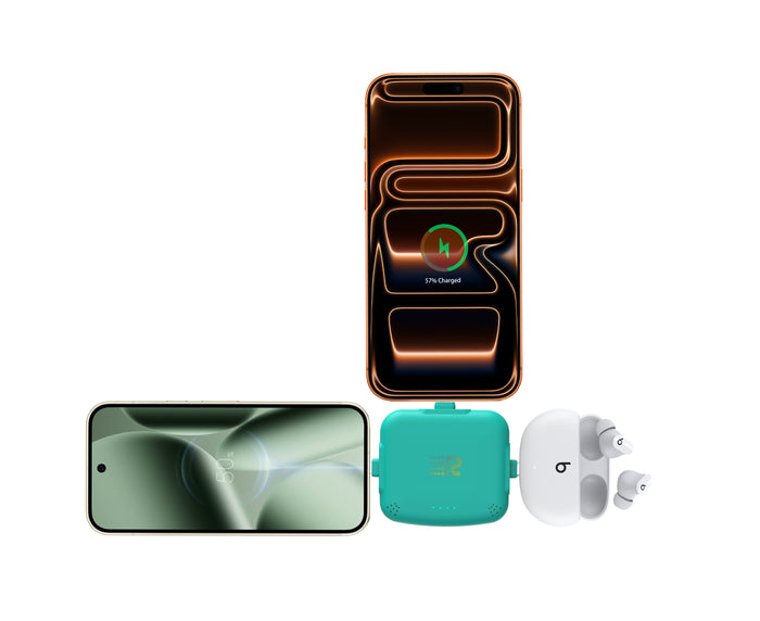 Collection of electronic devices including a smartphone, charging case, earbuds, and screen protector on a white background.