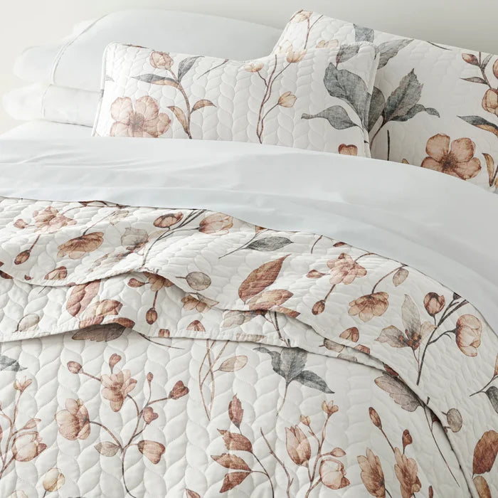 Russet Floral Patterned Quilted Coverlet Set