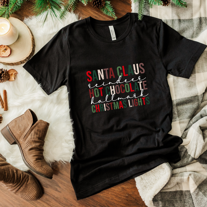 Santa Claus, Hot Chocolate, Christmas Lights graphic t-shirt