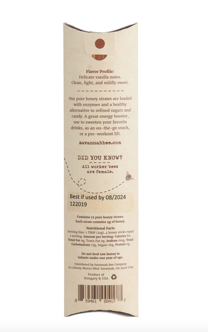 Savannah Bee Company Acacia Honey Straws, 12 sticks