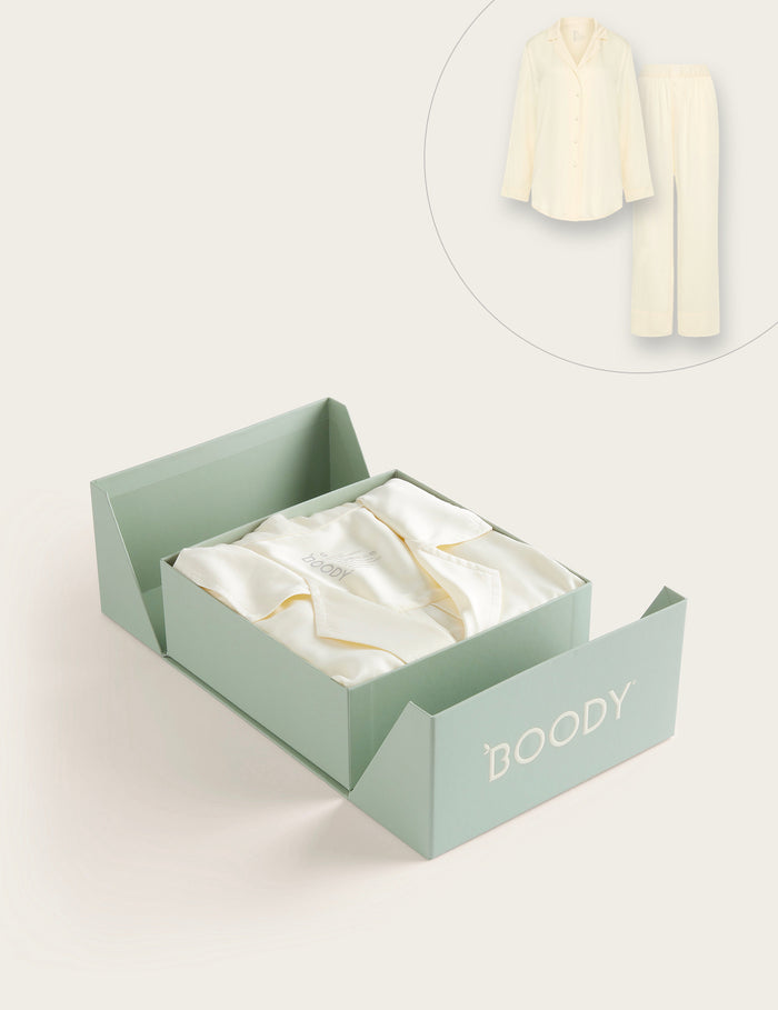 Set Giftbox - Vegan Silk Long Sleeve Sleep Shirt & Wide Leg Sleep Pants - Pearl