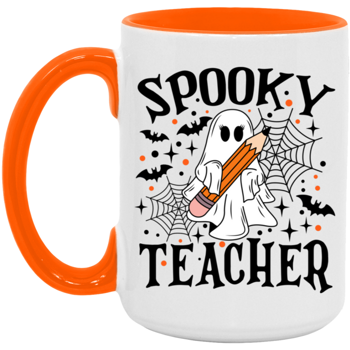 Spooky Teacher 15 oz ceramic coffee mug in White/Orange