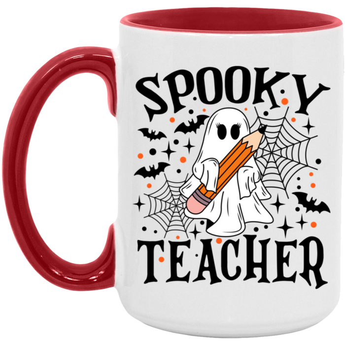 Spooky Teacher 15 oz ceramic coffee mug in White/Red